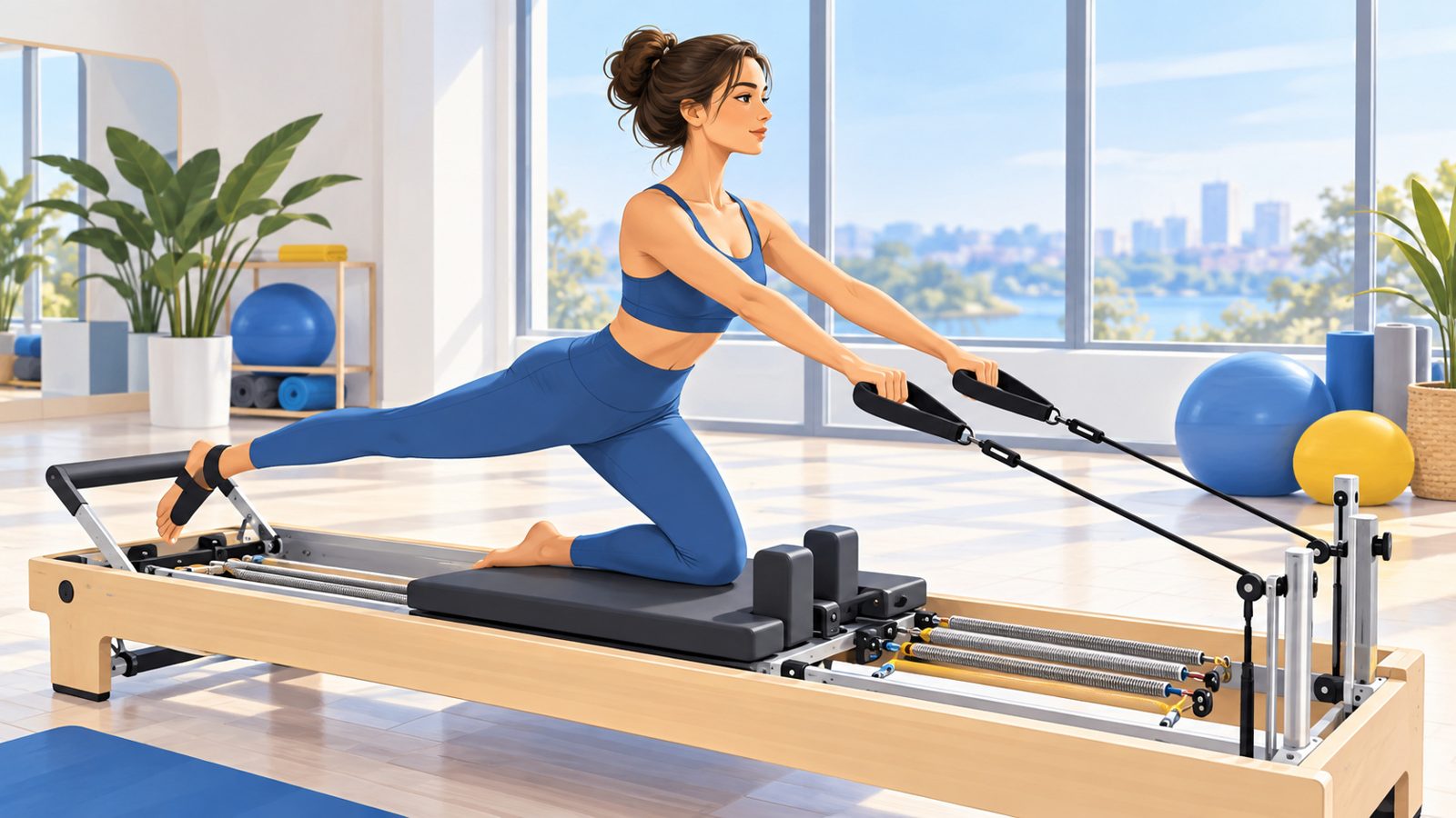 Femme qui fait un exercice de Pilates sur une machine Reformer