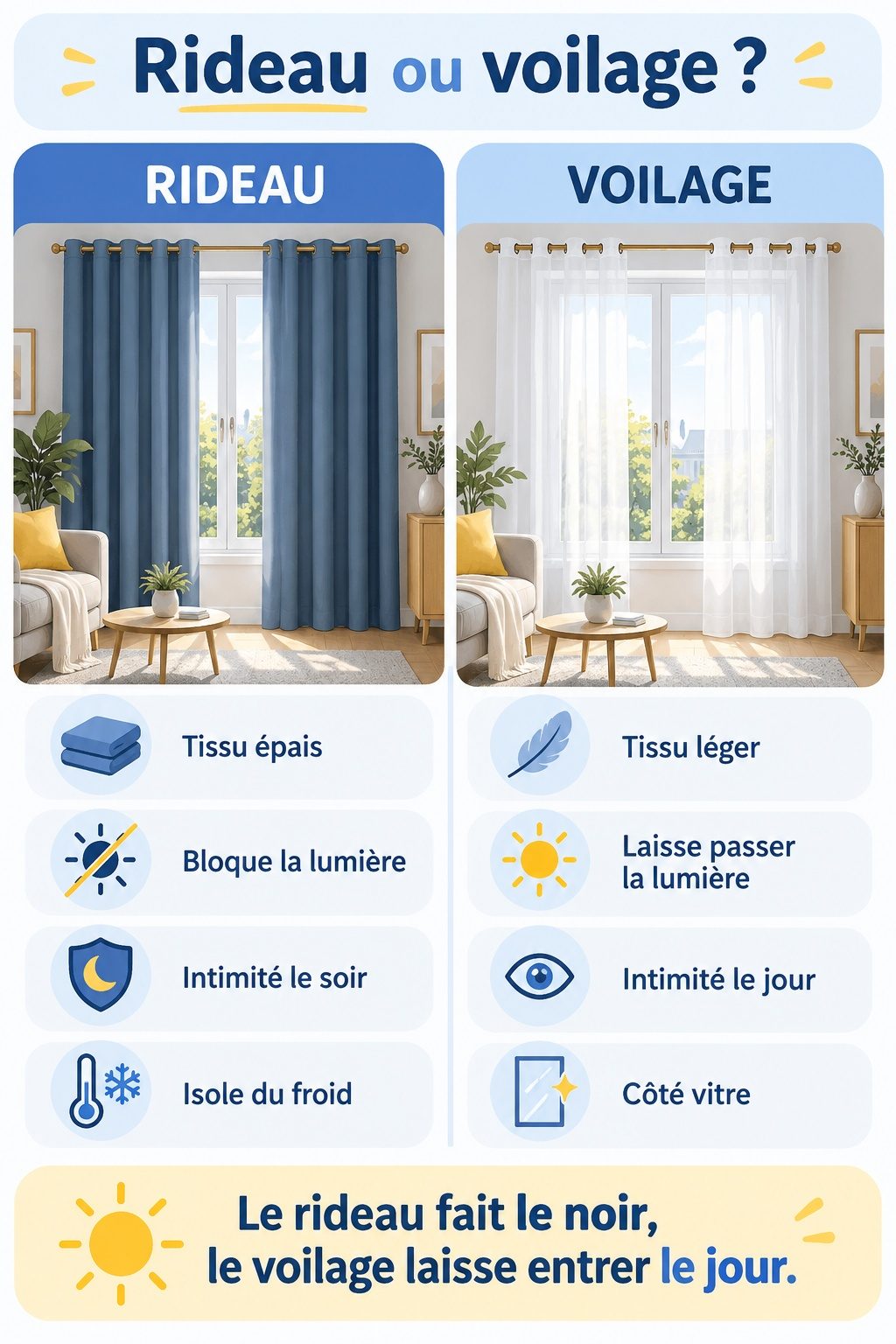 Différence entre rideau et voilage : infographie comparative
