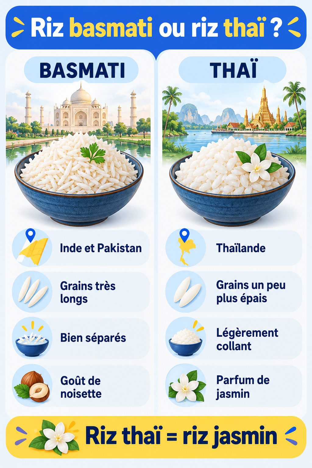 Différence entre riz basmati et riz thaï : infographie comparative