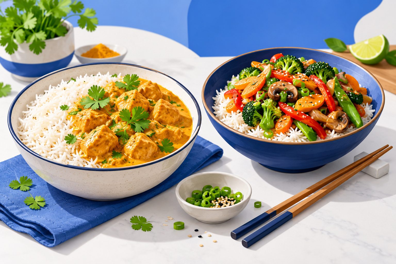 Bol de riz basmati avec un curry indien et bol de riz thaï avec un sauté de légumes au wok