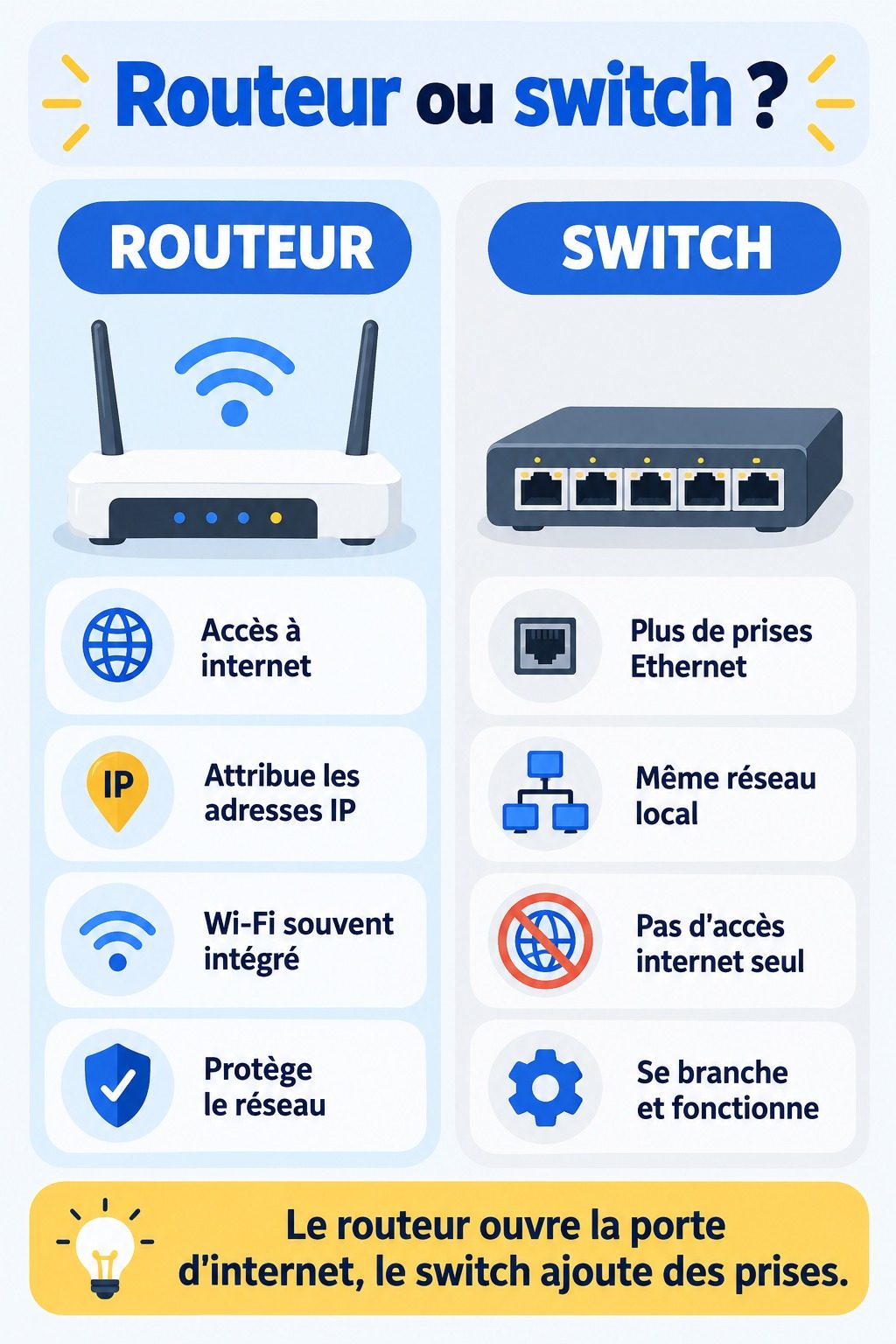 Différence entre routeur et switch : infographie comparative