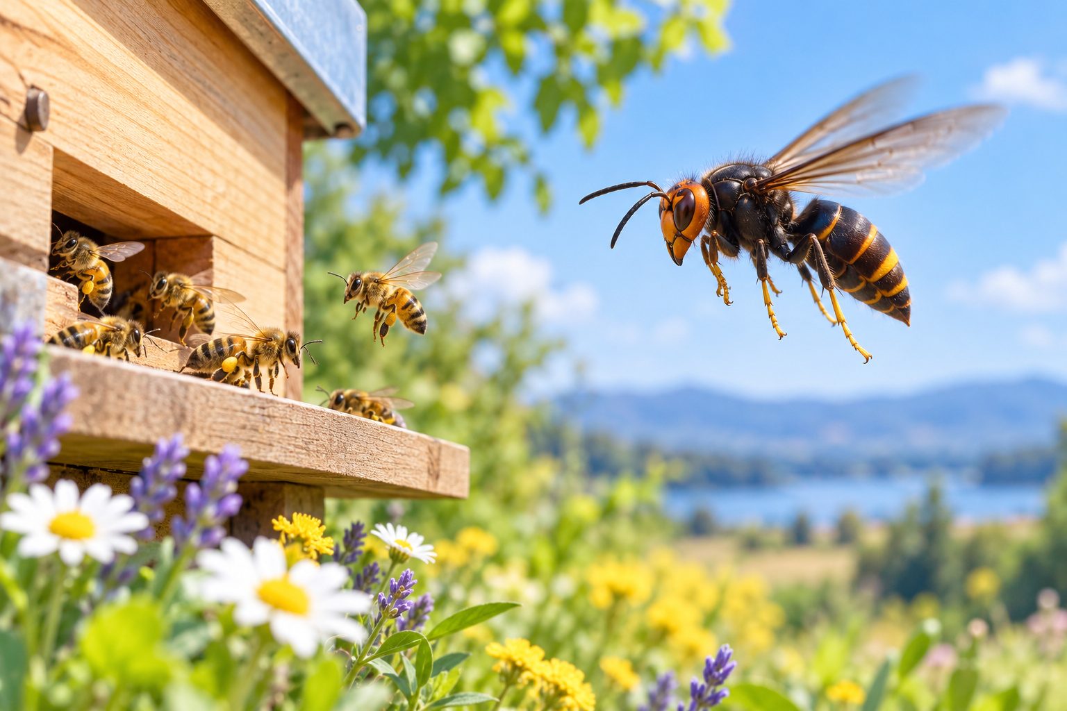 Frelon asiatique en vol stationnaire devant l'entrée d'une ruche avec des abeilles