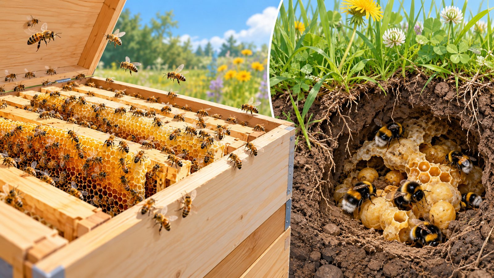 Comparaison d'une ruche d'abeilles avec ses cadres et d'un petit nid de bourdons au sol