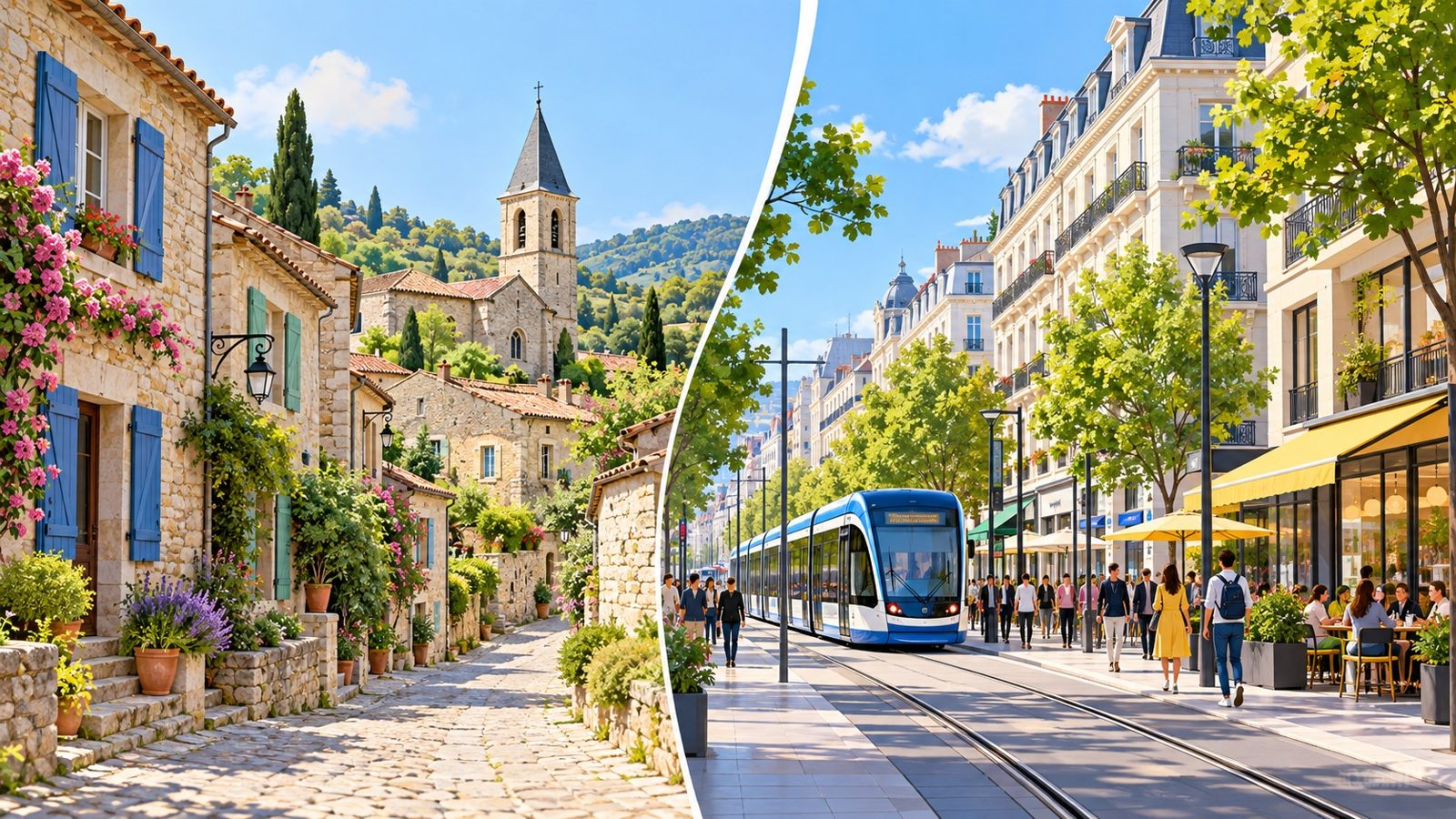 Comparaison d'une rue de village avec des maisons en pierre et une église et d'une rue de ville animée avec des immeubles et un tramway