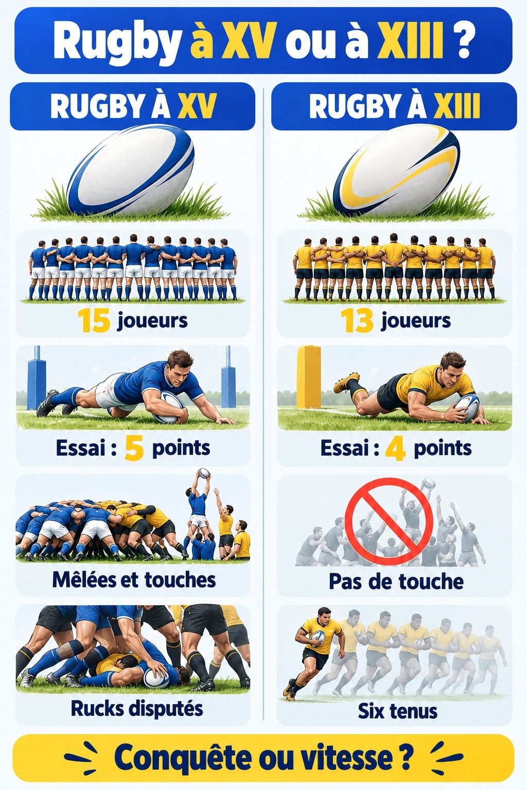 Différence entre rugby à XV et rugby à XIII : infographie comparative