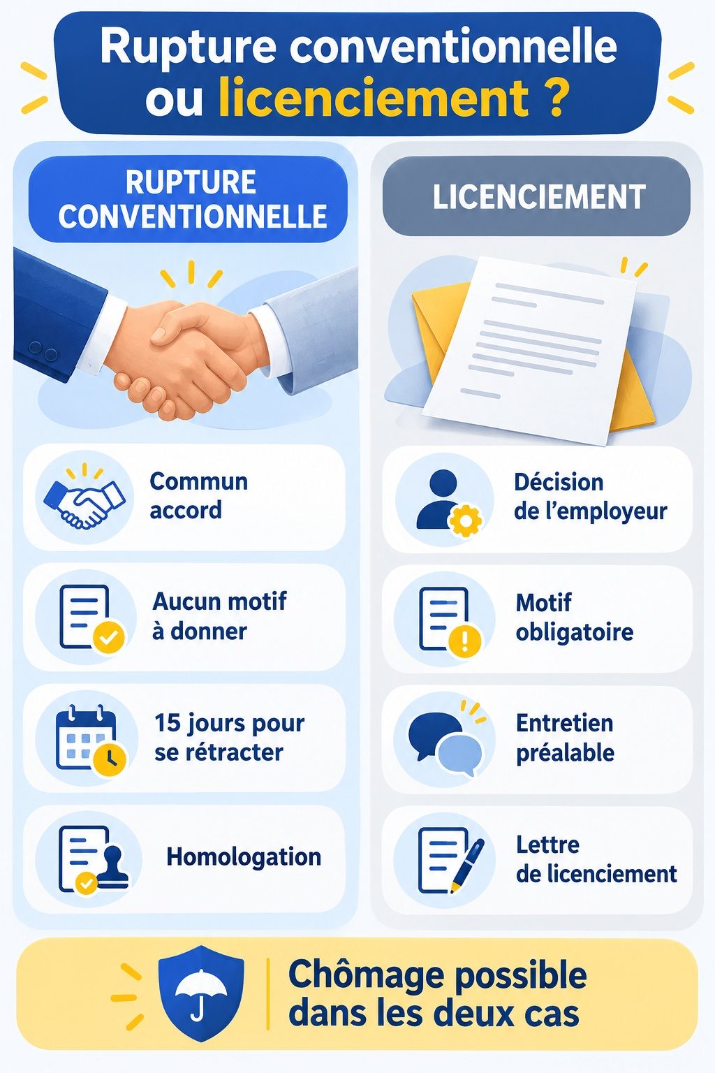 Différence entre rupture conventionnelle et licenciement : infographie comparative