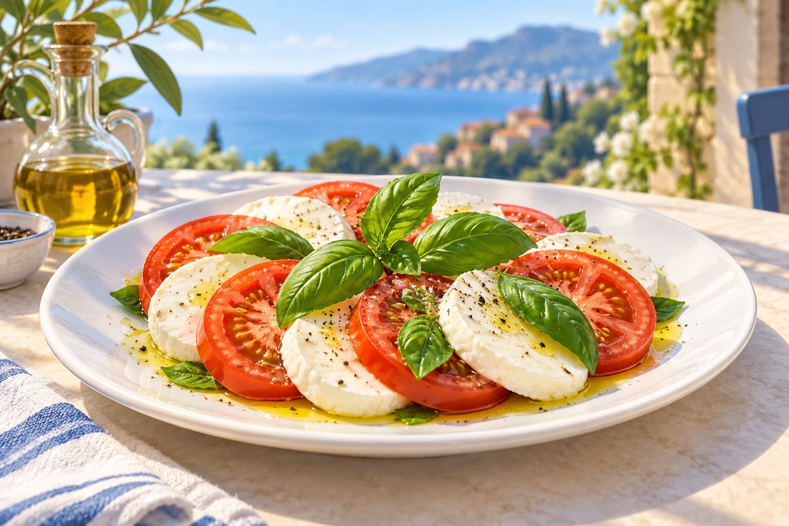 Salade caprese avec tranches de tomates, mozzarella, basilic et filet d'huile d'olive