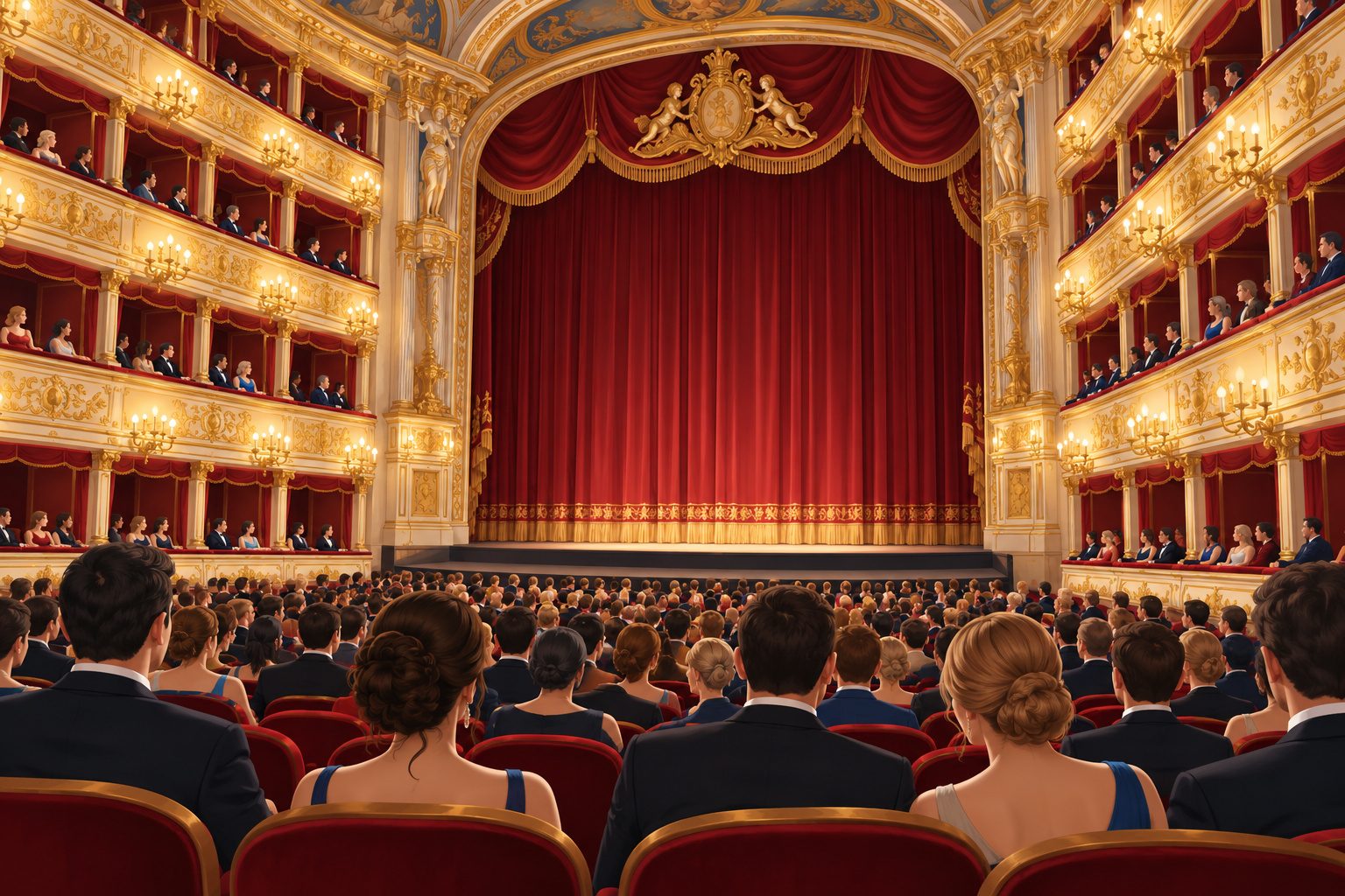 Intérieur d'une salle d'opéra à l'italienne avec des balcons dorés, un rideau rouge et un public élégant