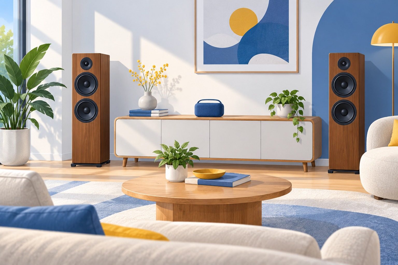 Salon lumineux avec deux enceintes colonnes en bois de part et d'autre d'un meuble et une petite enceinte Bluetooth posée sur la table basse