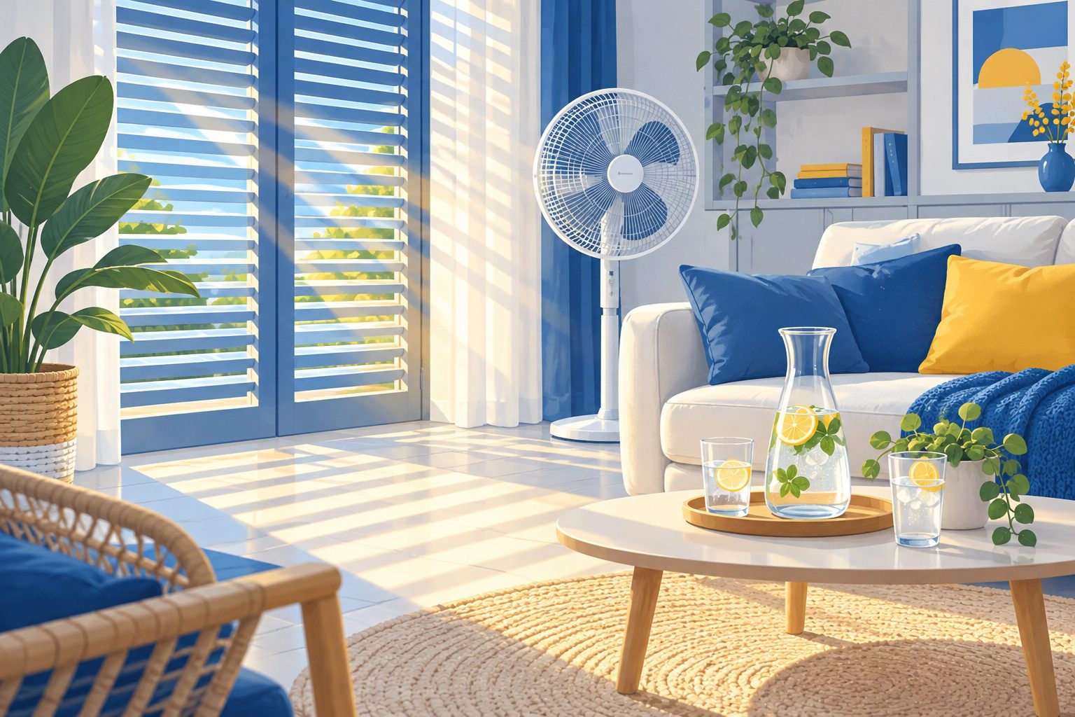 Salon lumineux en été avec un ventilateur sur pied et un climatiseur mural