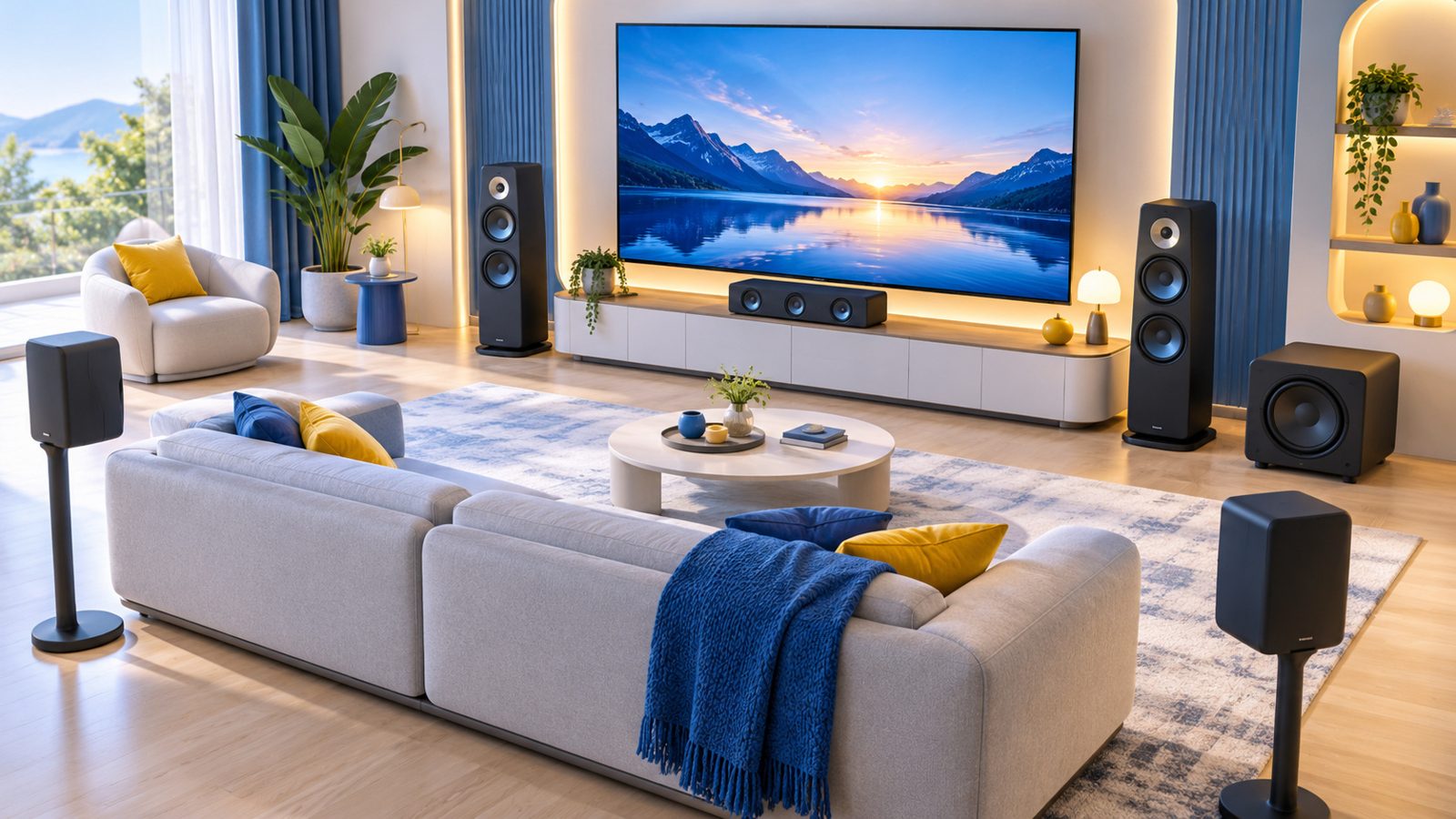 Salon vu de haut avec un canapé face à une grande télévision, entouré d'enceintes avant, arrière et d'un caisson de basses