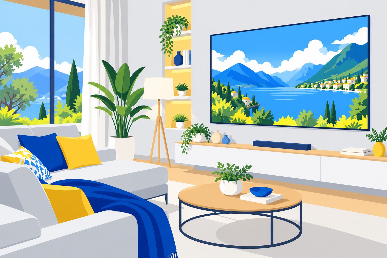 Salon moderne avec une grande télévision murale affichant un paysage coloré face à un canapé
