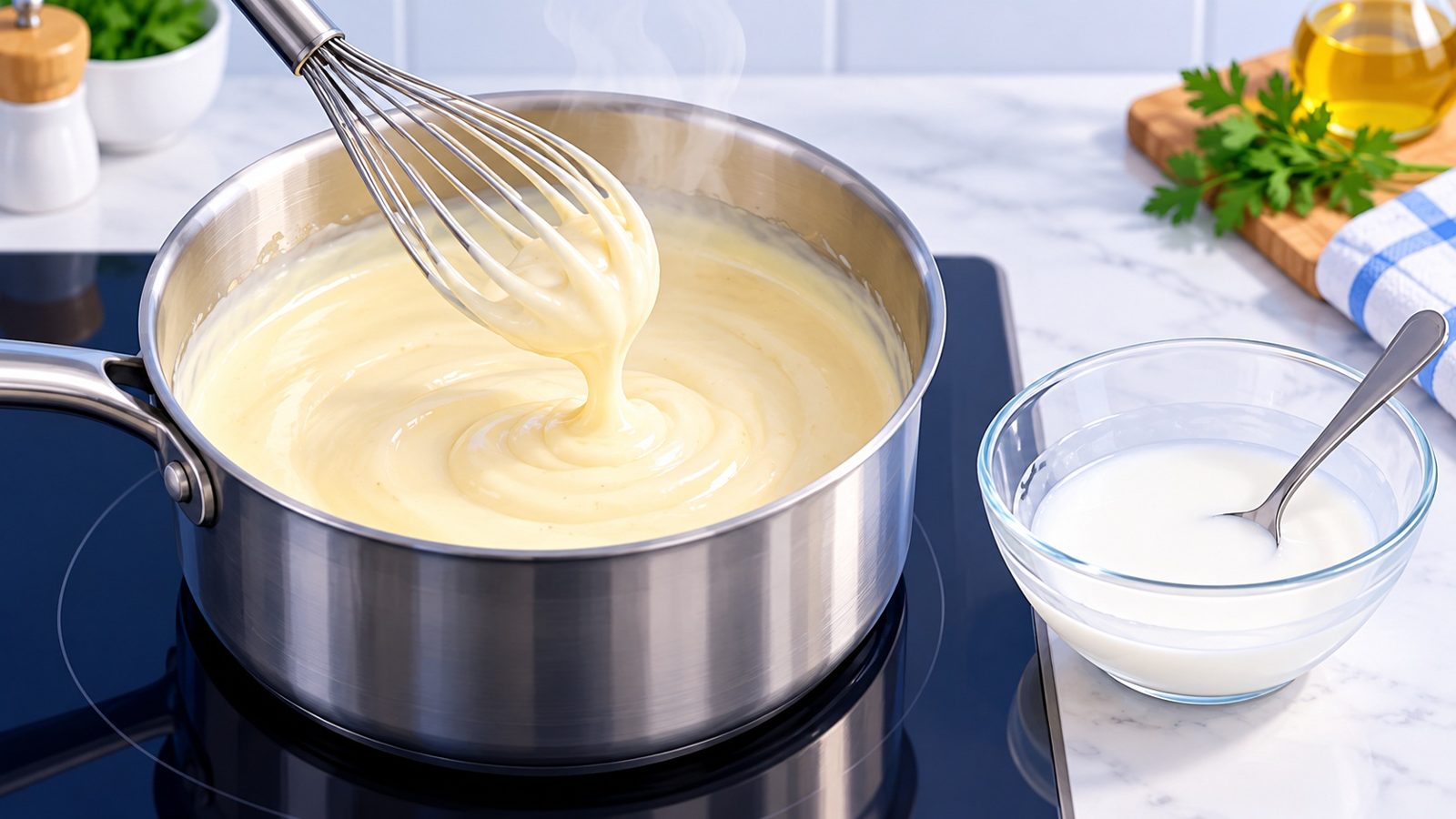Casserole de sauce brillante épaissie à la fécule, avec un fouet et un petit bol de fécule délayée dans de l'eau froide