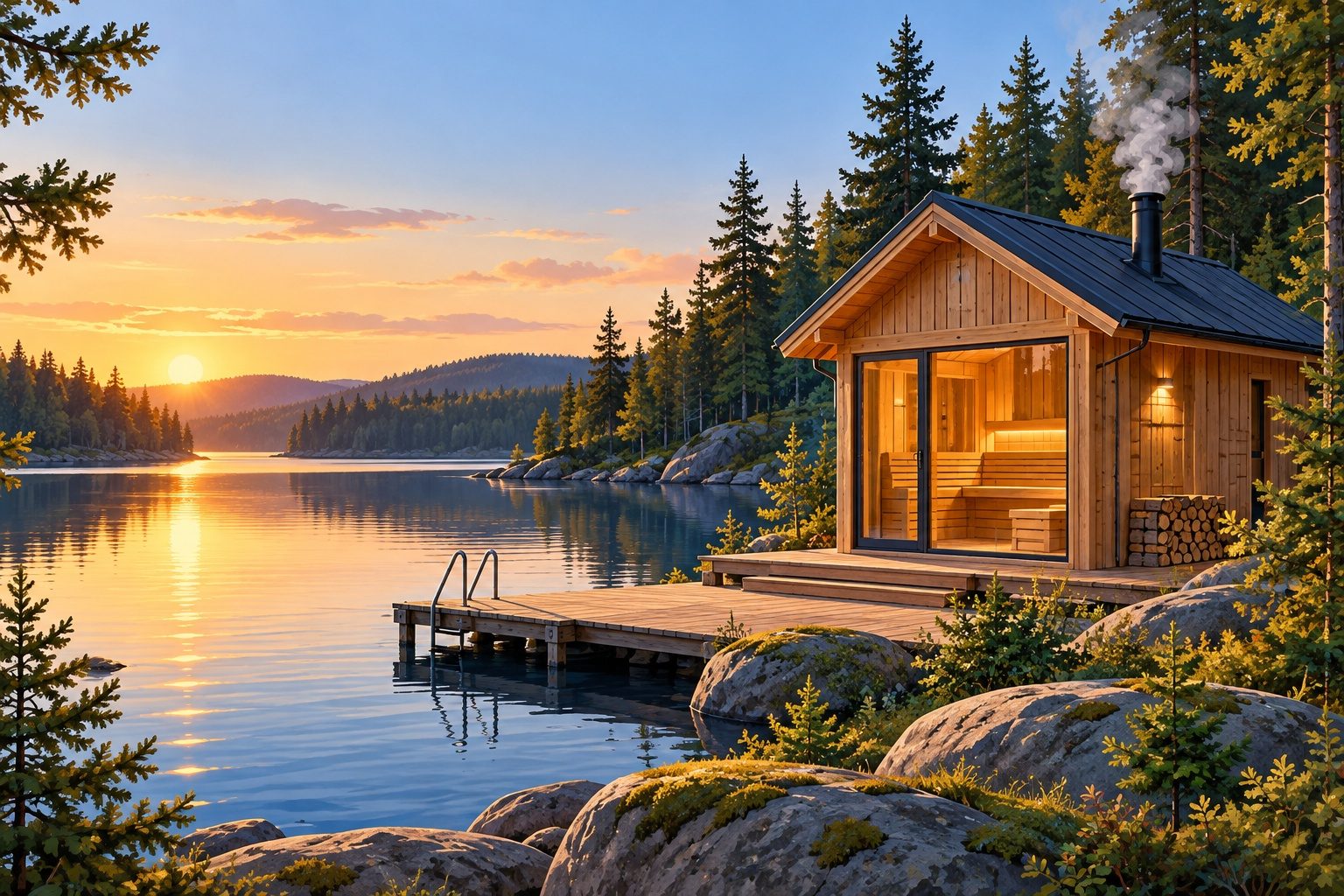 Cabane de sauna en bois au bord d'un lac nordique avec un ponton