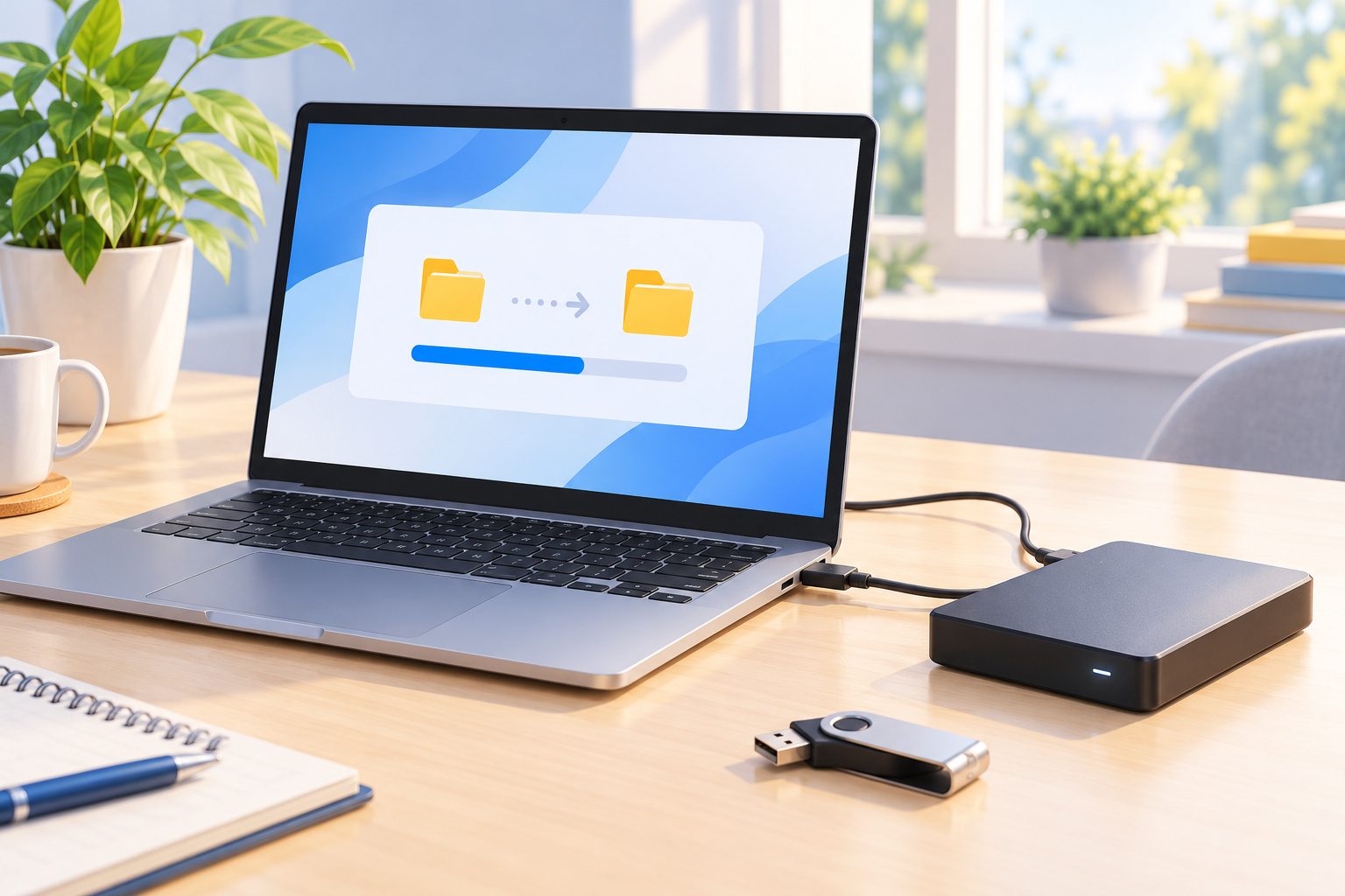 Ordinateur portable relié à un disque dur externe pendant une sauvegarde, avec une clé USB à côté