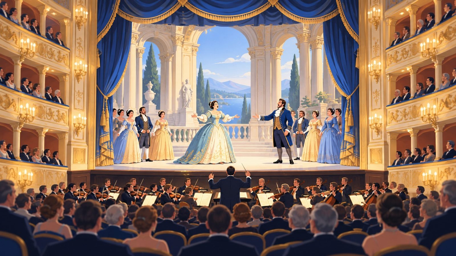 Grande scène d'opéra avec des chanteurs en costumes d'époque, un orchestre dans la fosse et une salle à l'italienne aux balcons dorés