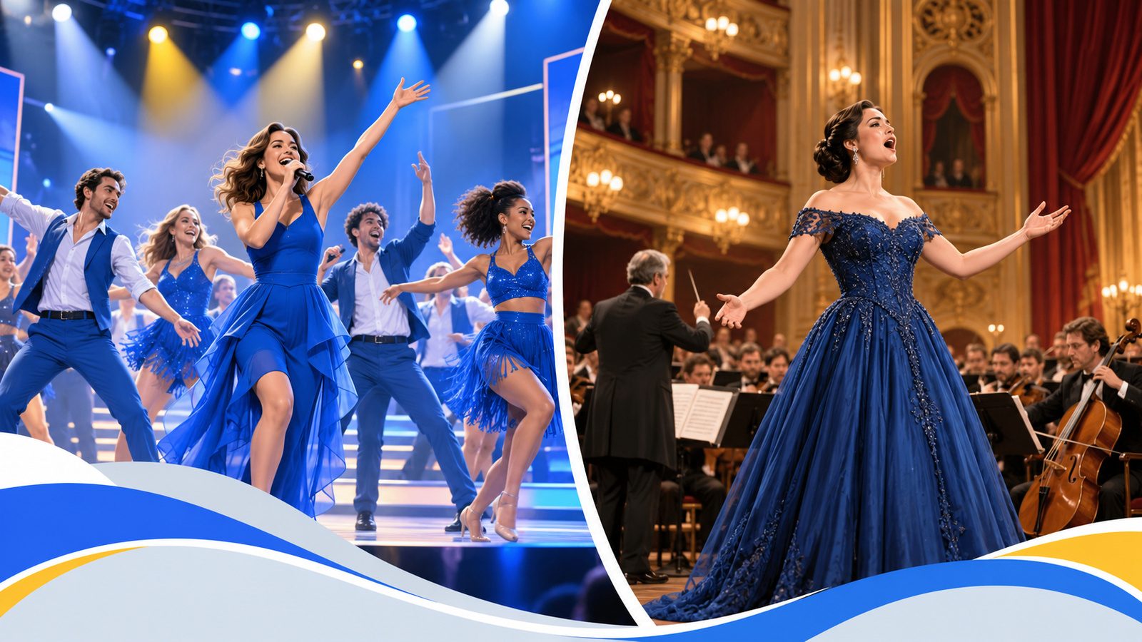Deux scènes côte à côte : à gauche une troupe qui danse et chante sous des projecteurs colorés, à droite une chanteuse lyrique en robe de soirée devant un orchestre dans un théâtre à l'italienne