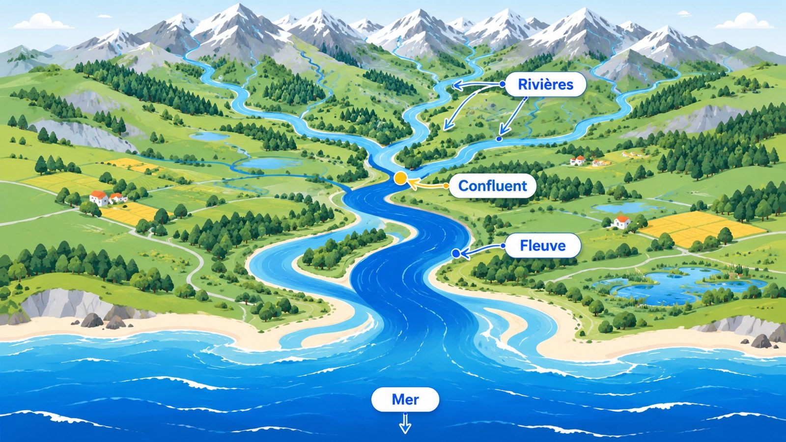Schéma d'un bassin versant avec un fleuve qui rejoint la mer et ses rivières affluentes