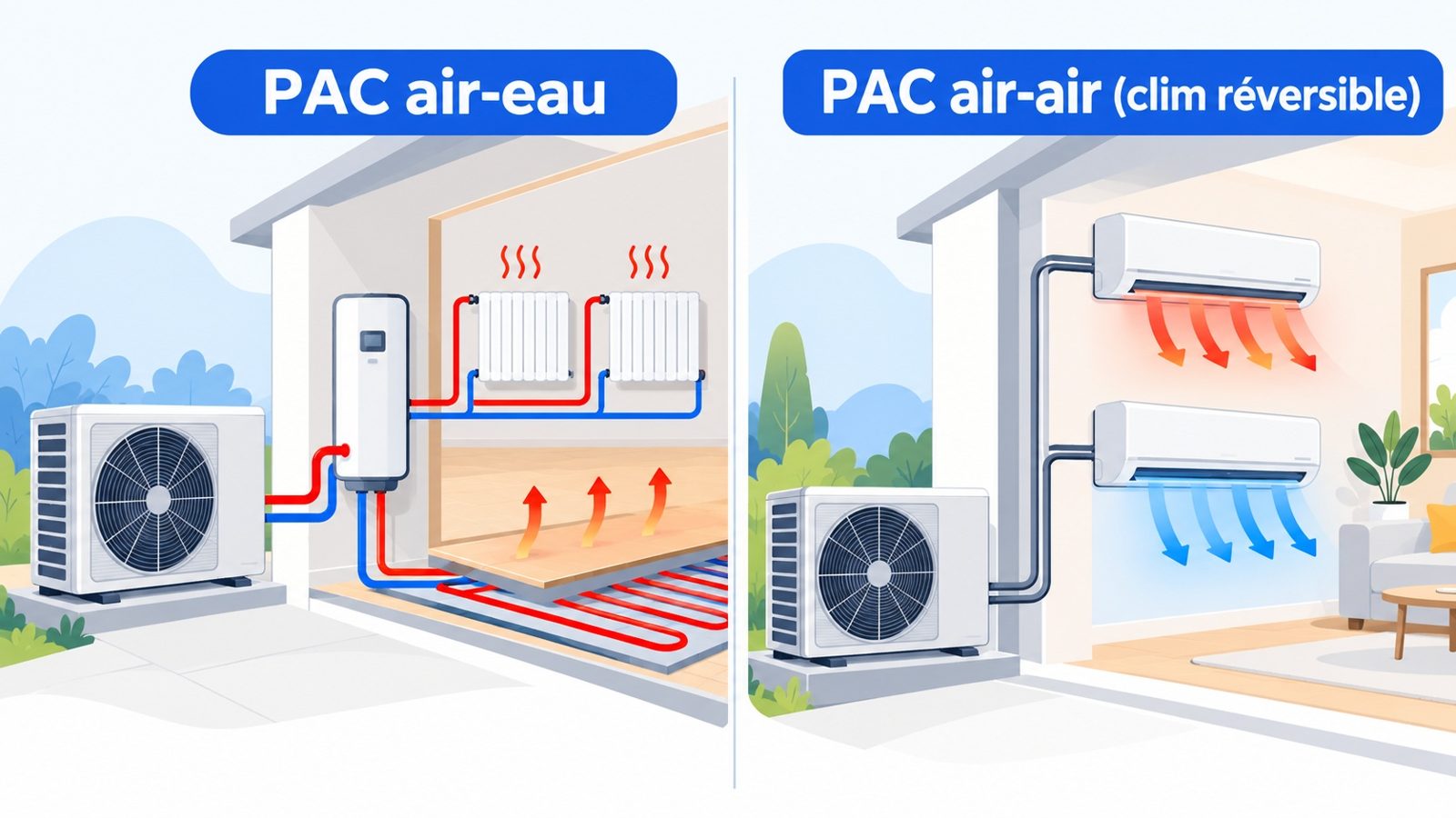 Schéma comparant une pompe à chaleur air-eau reliée à des radiateurs et une pompe à chaleur air-air reliée à des unités murales