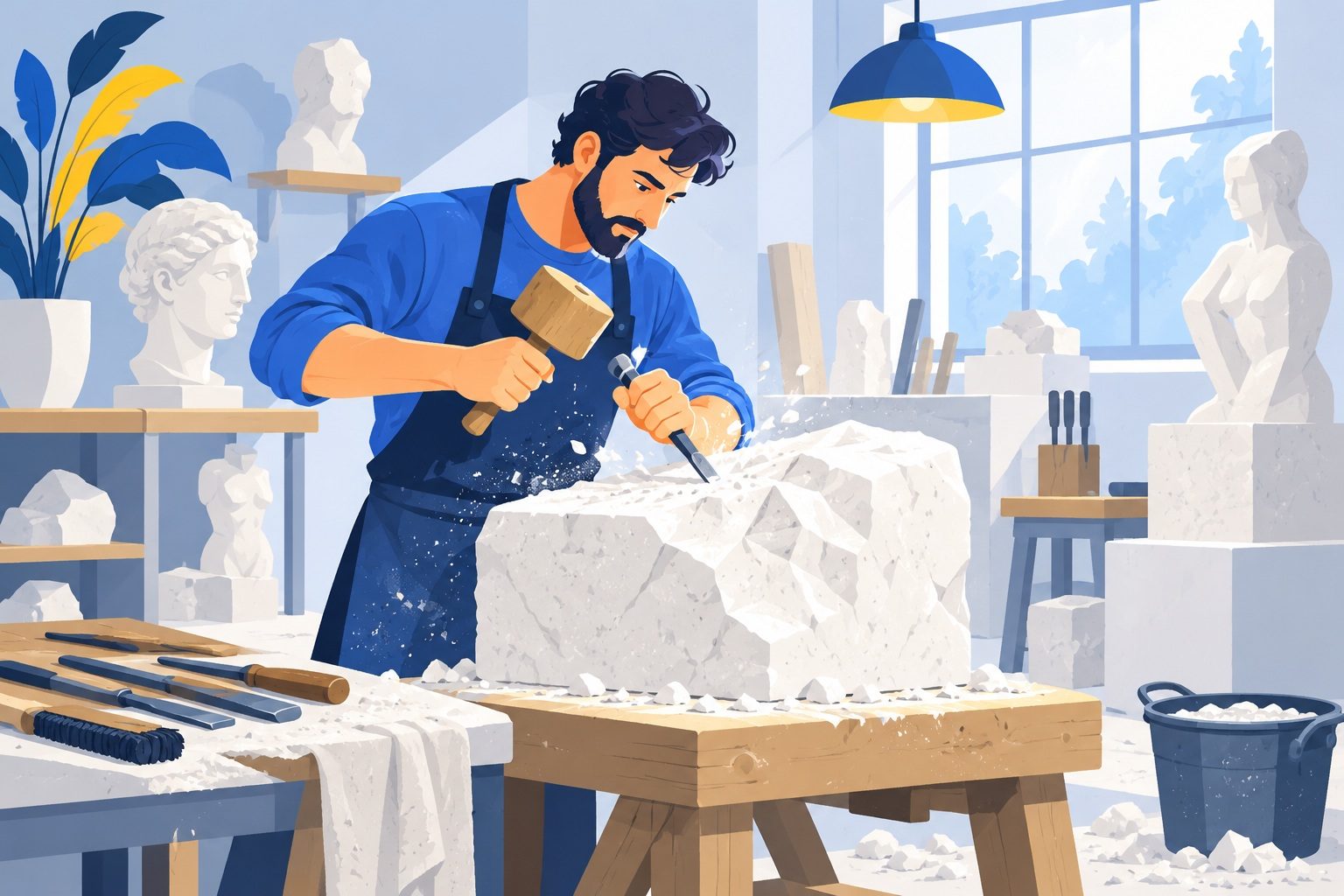 Sculpteur dans son atelier qui taille un bloc de pierre blanche avec un ciseau et un maillet, entouré de poussière et d'outils