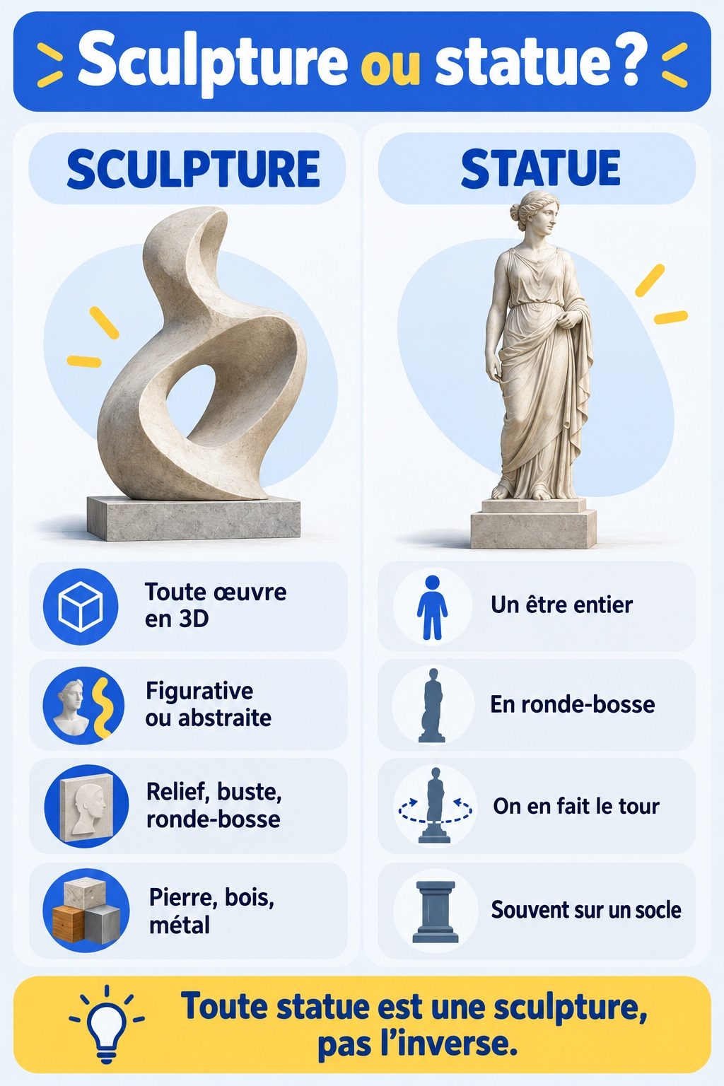 Différence entre sculpture et statue : infographie comparative