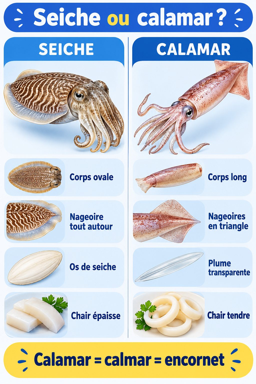 Différence entre seiche et calamar : infographie comparative