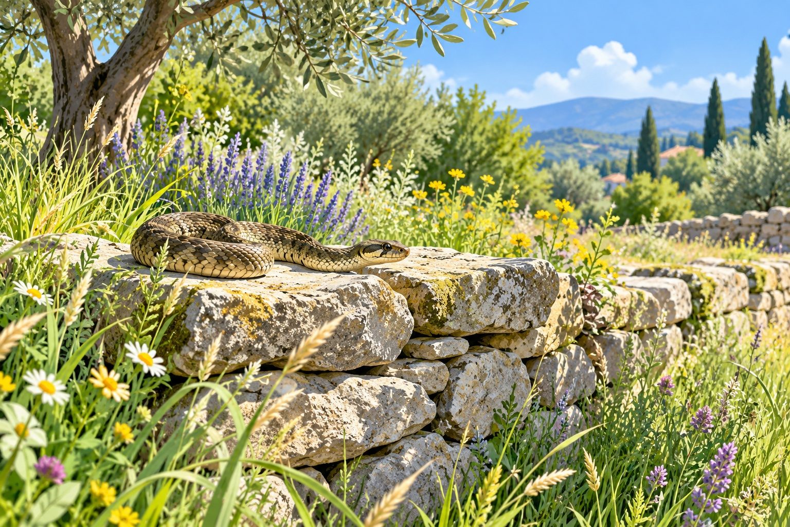 Serpent qui se réchauffe sur une pierre au soleil dans un jardin sauvage