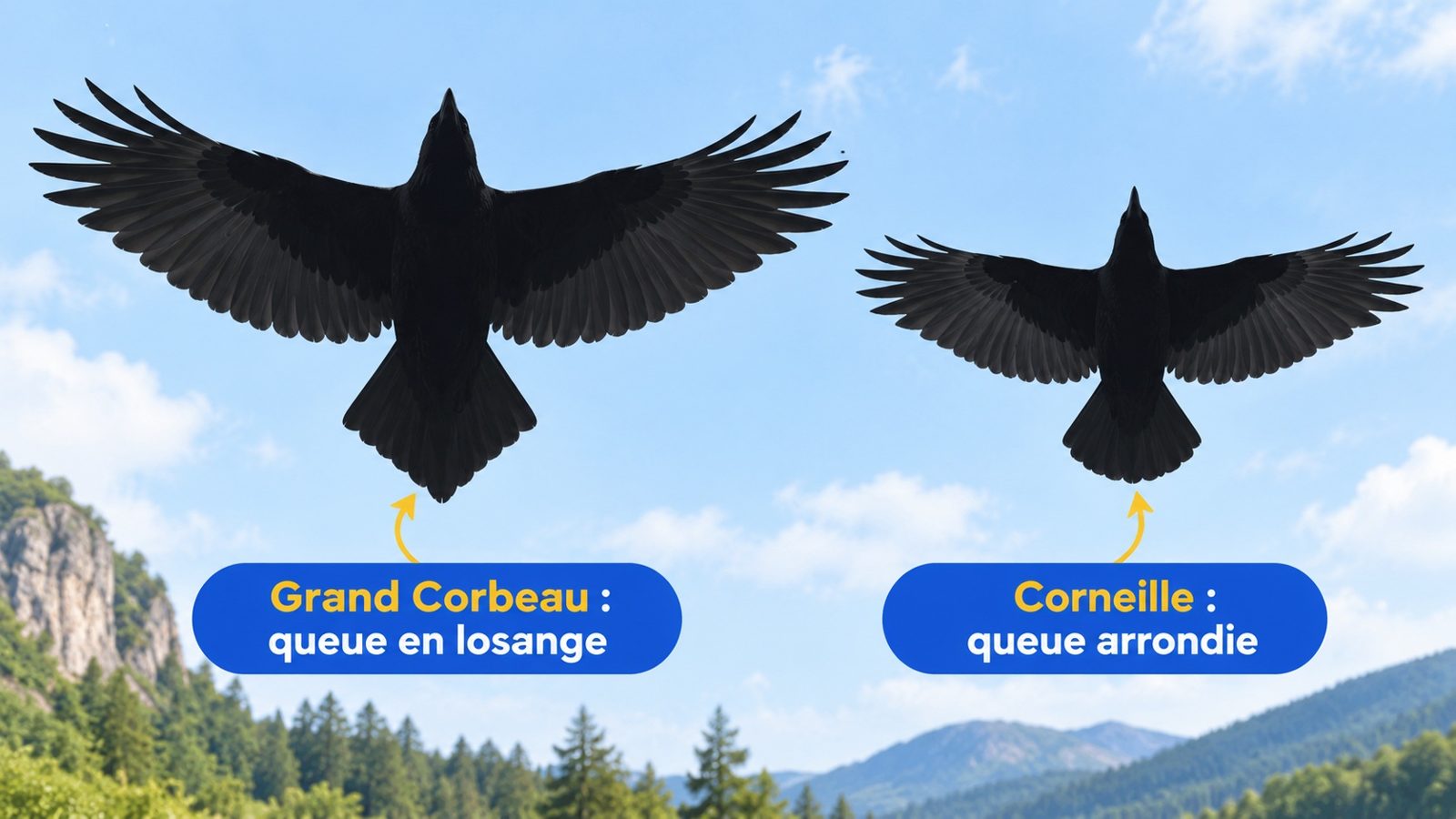 Silhouettes en vol comparant la queue en losange du Grand Corbeau et la queue arrondie de la corneille
