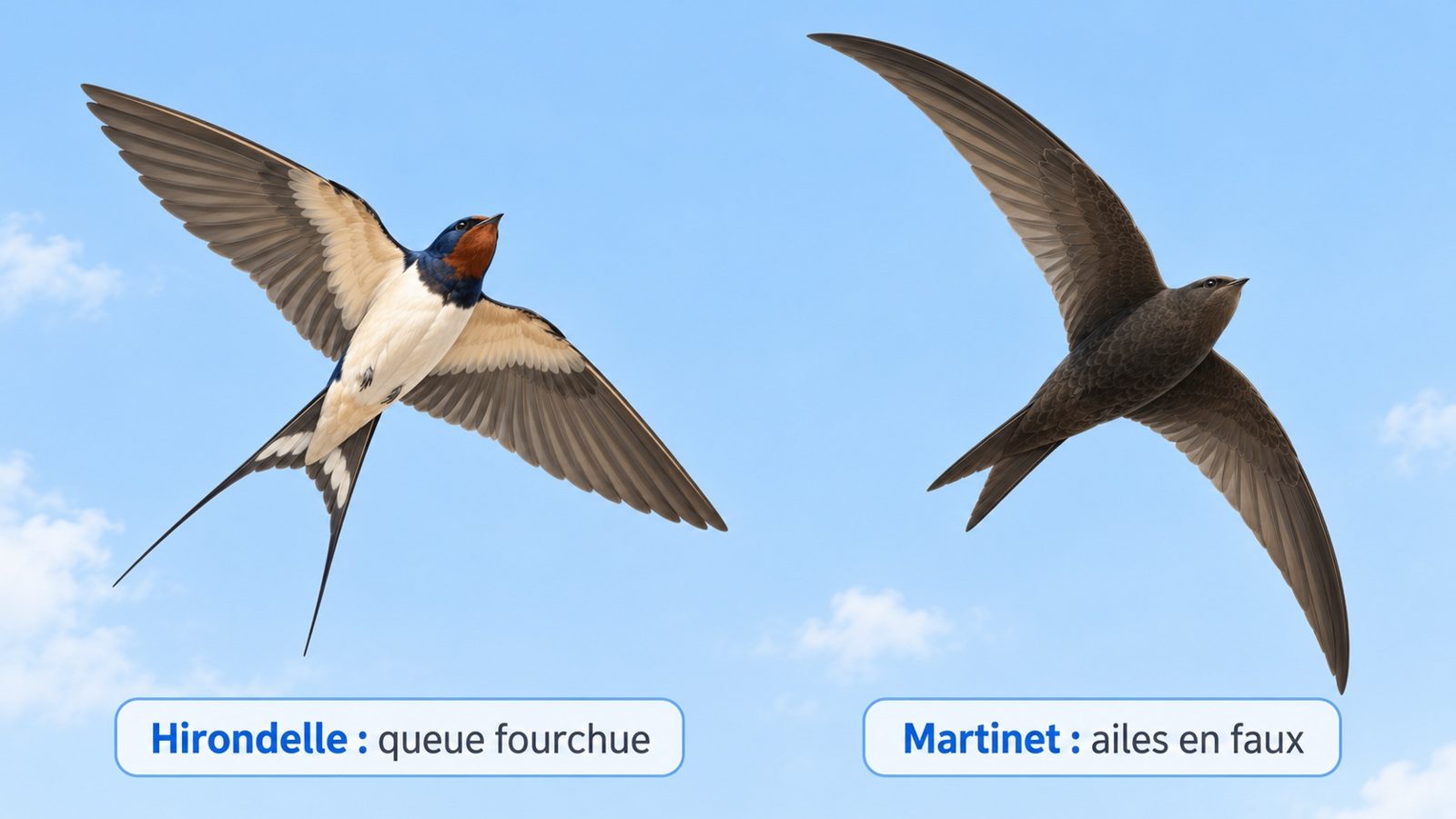 Comparaison des silhouettes en vol d'une hirondelle à queue fourchue et d'un martinet aux ailes en faux