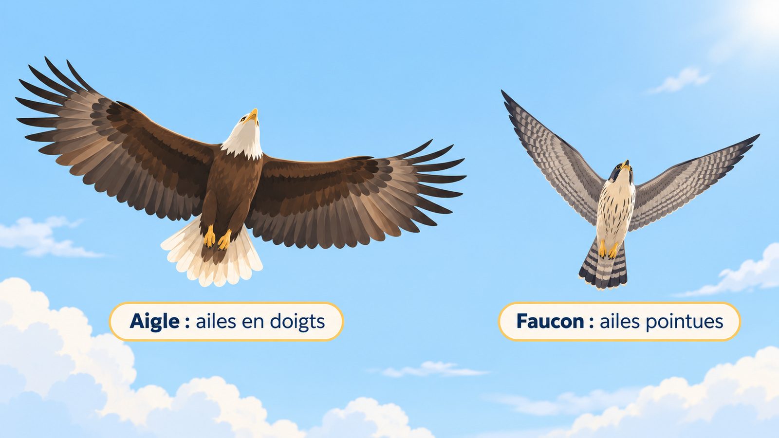 Silhouettes en vol vues de dessous : à gauche un aigle aux grandes ailes larges et aux plumes écartées comme des doigts, à droite un faucon aux ailes fines et pointues