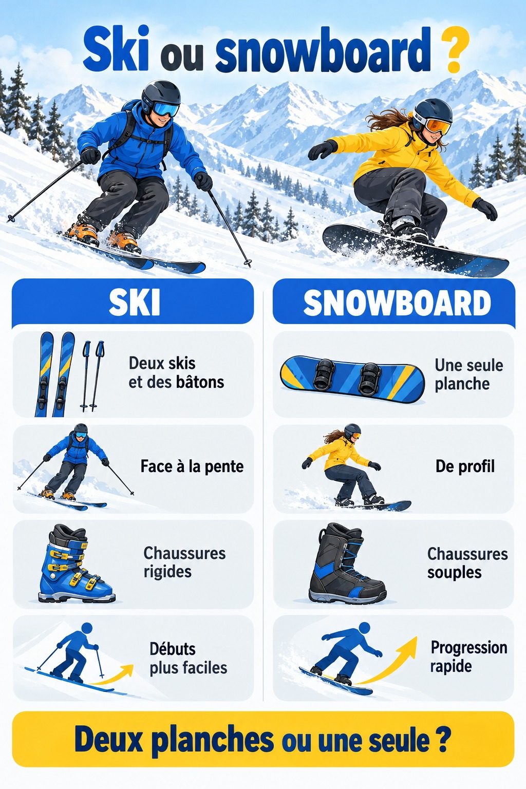 Différence entre ski et snowboard : infographie comparative