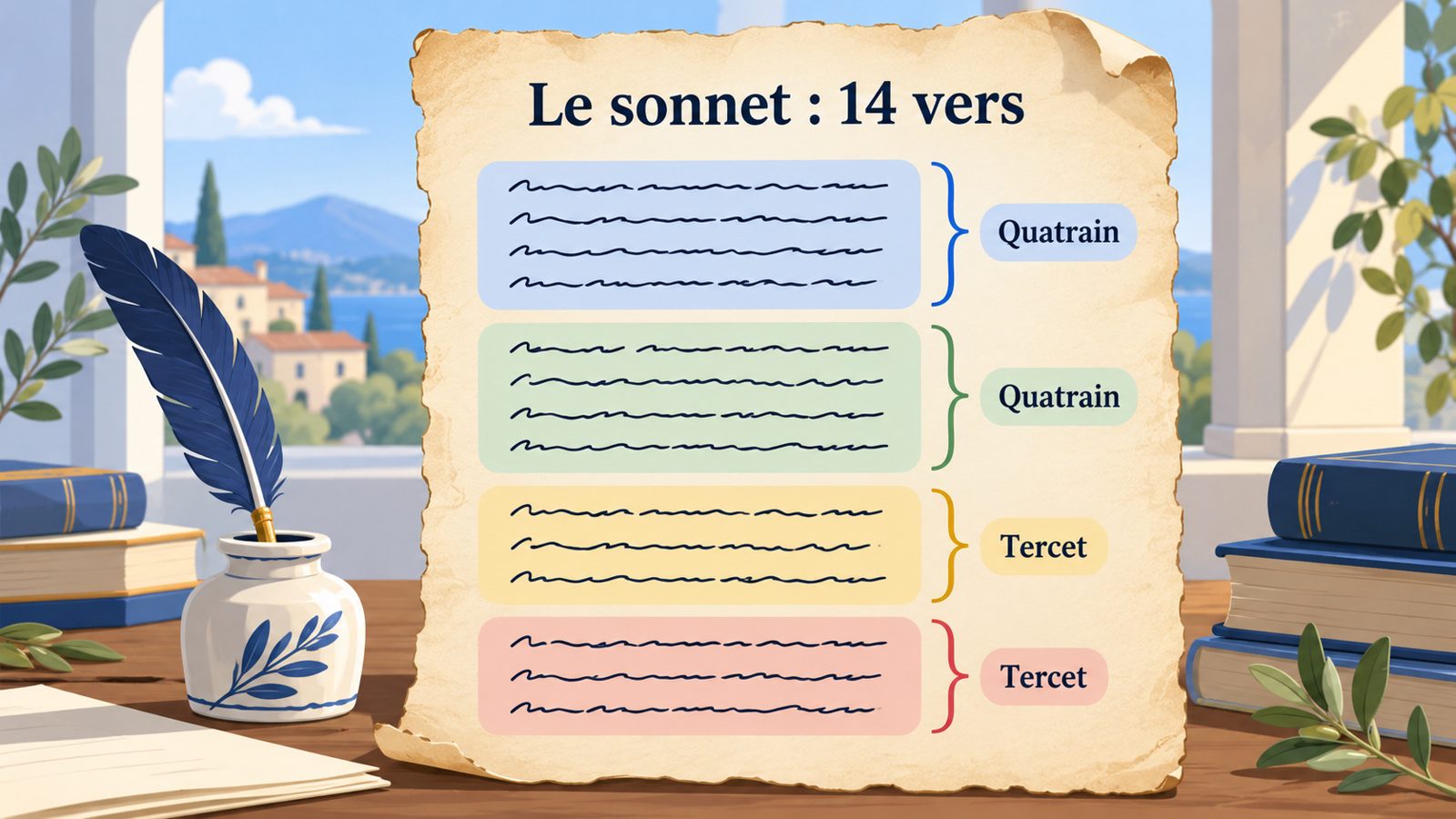 Schéma d'un sonnet sur une feuille ancienne avec deux quatrains et deux tercets mis en évidence par des couleurs