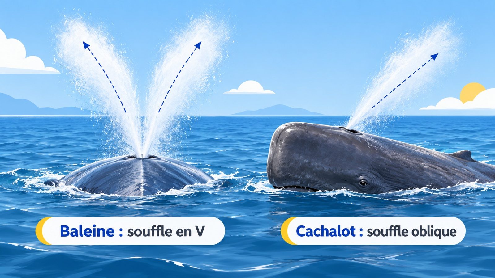 Comparaison en surface d'une baleine qui souffle un jet droit en forme de V et d'un cachalot à la tête carrée dont le souffle part en oblique vers l'avant