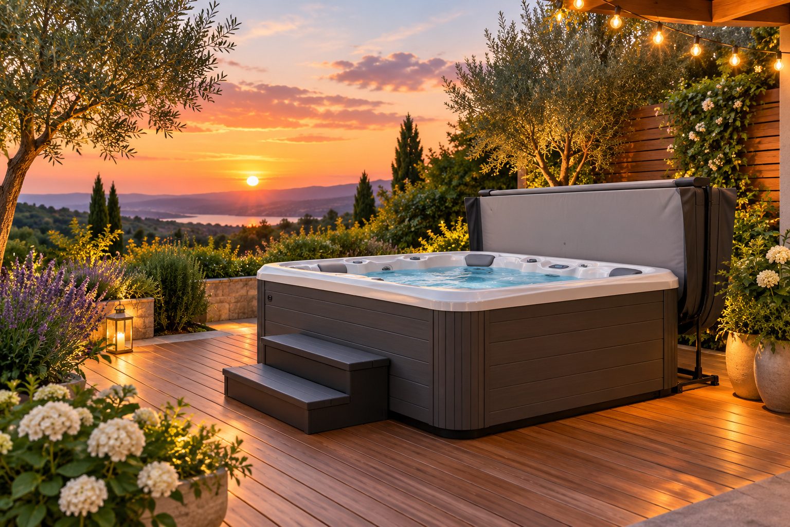 Spa rigide installé sur une terrasse en bois au coucher du soleil