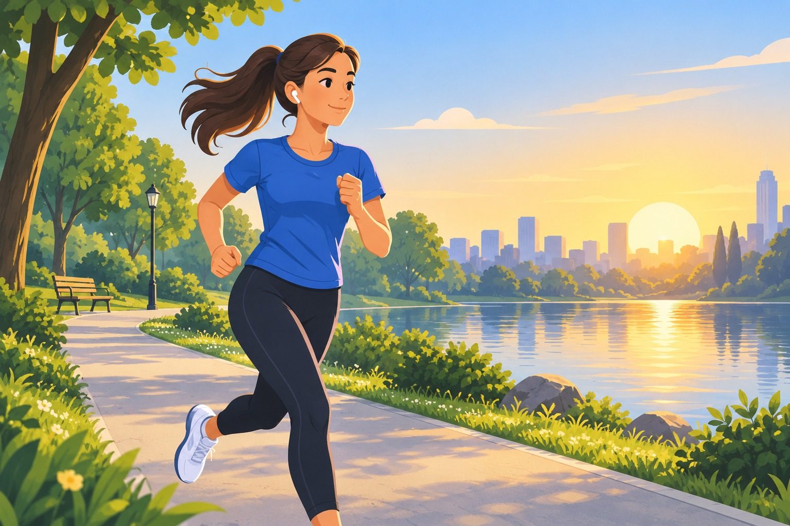 Joggeuse qui court dans un parc avec des écouteurs sans fil dans les oreilles