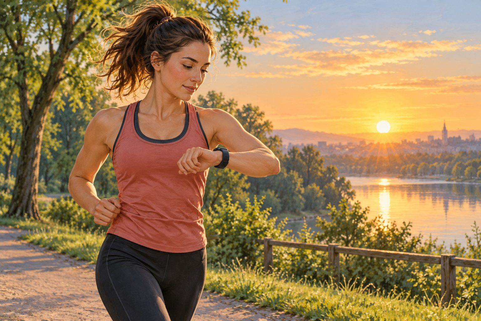 Coureuse qui consulte sa montre connectée au poignet pendant un footing dans un parc au lever du soleil