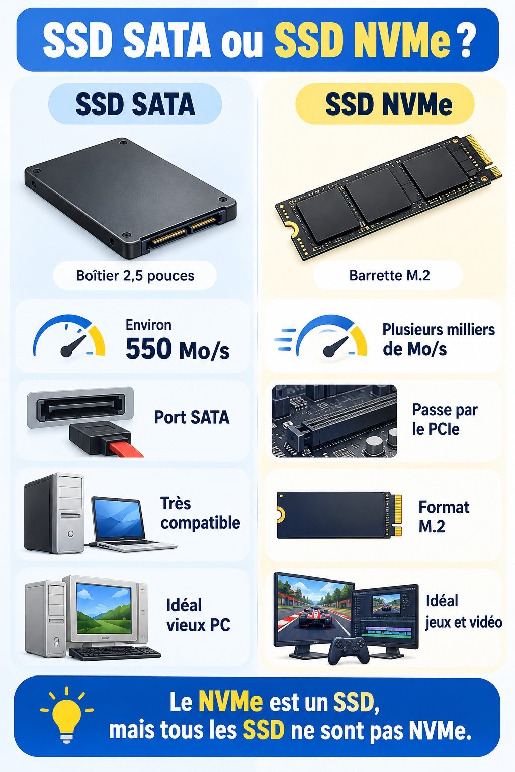 Différence entre SSD SATA et SSD NVMe : infographie comparative