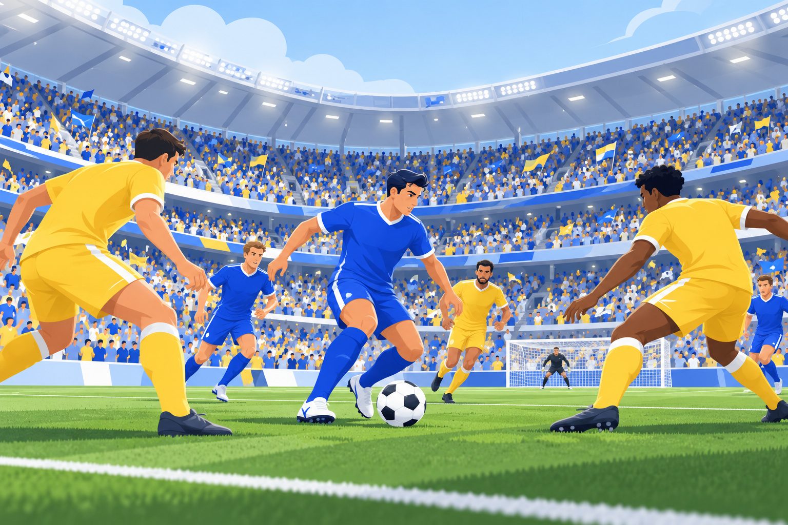 Match de football dans un grand stade plein de supporters, avec des joueurs en maillots bleus et jaunes autour du ballon rond