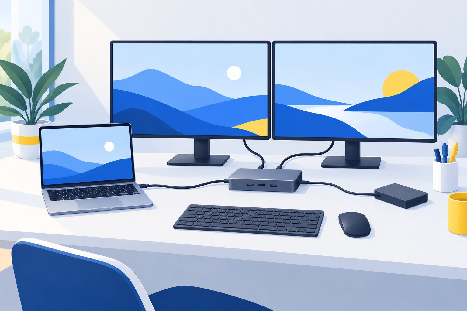 Bureau avec un ordinateur portable relié par un seul câble à une station d'accueil connectée à deux écrans, un clavier et un disque externe