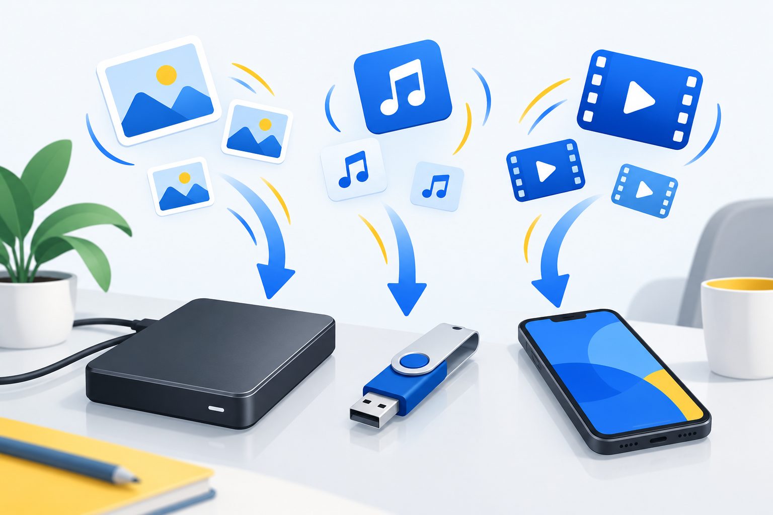 Disque dur, clé USB et smartphone pour stocker des fichiers