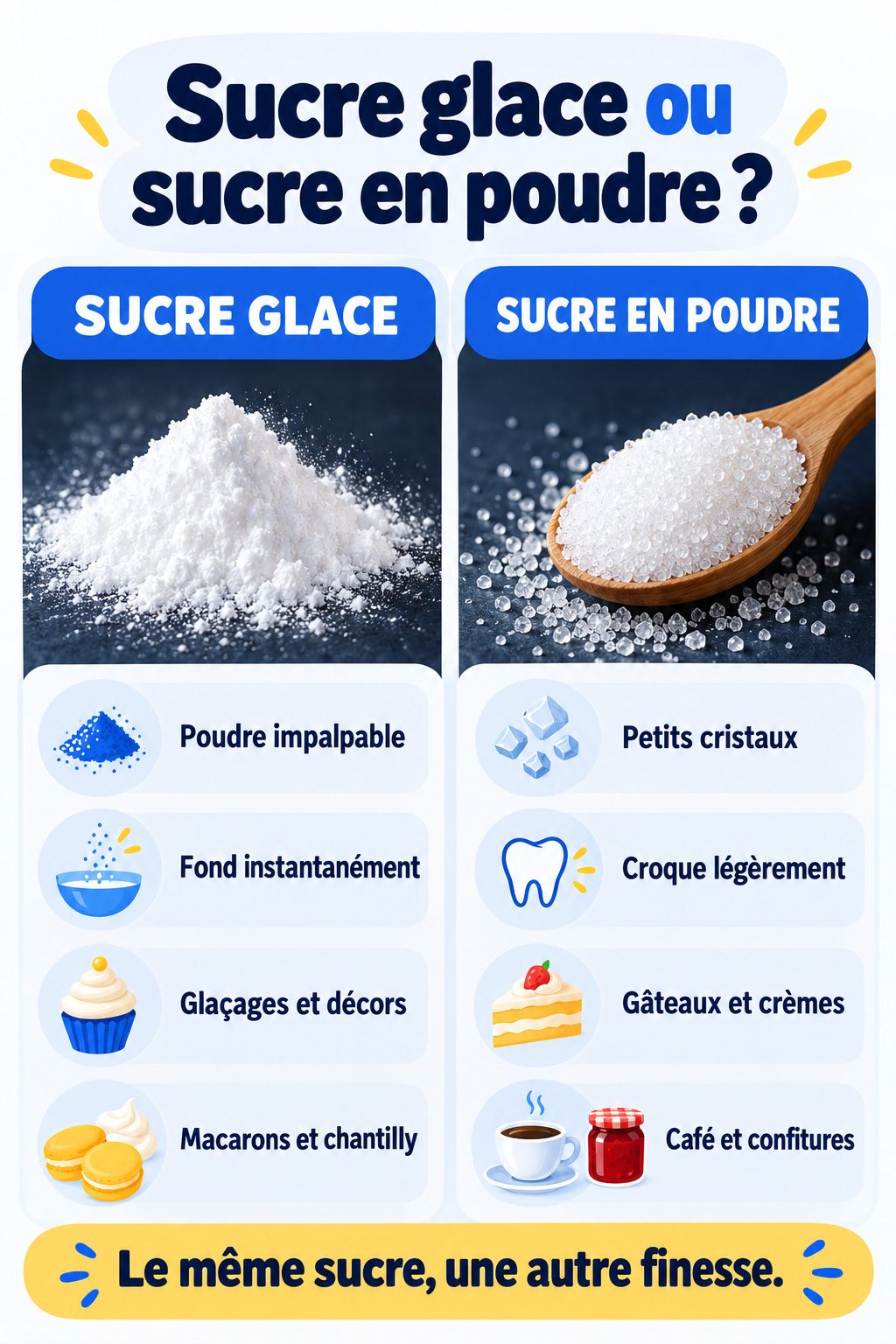 Différence entre sucre glace et sucre en poudre : infographie comparative