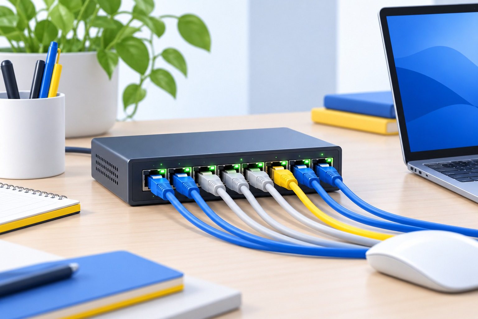 Petit switch réseau à huit ports posé sur un bureau, avec plusieurs câbles Ethernet branchés et des voyants verts allumés