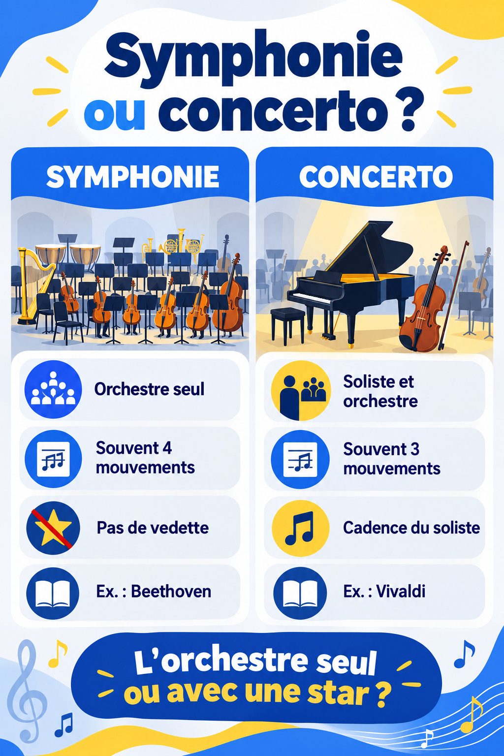 Différence entre symphonie et concerto : infographie comparative