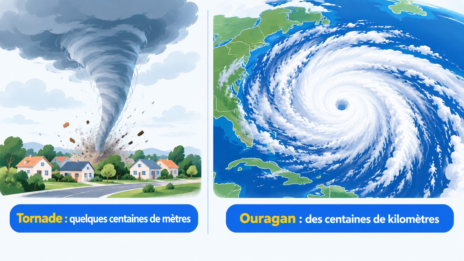 Comparaison de taille entre une petite tornade au-dessus d'une ville et un immense ouragan vu depuis l'espace