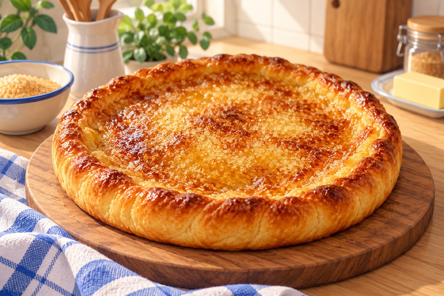 Tarte au sucre dorée et caramélisée posée sur une planche en bois dans une cuisine