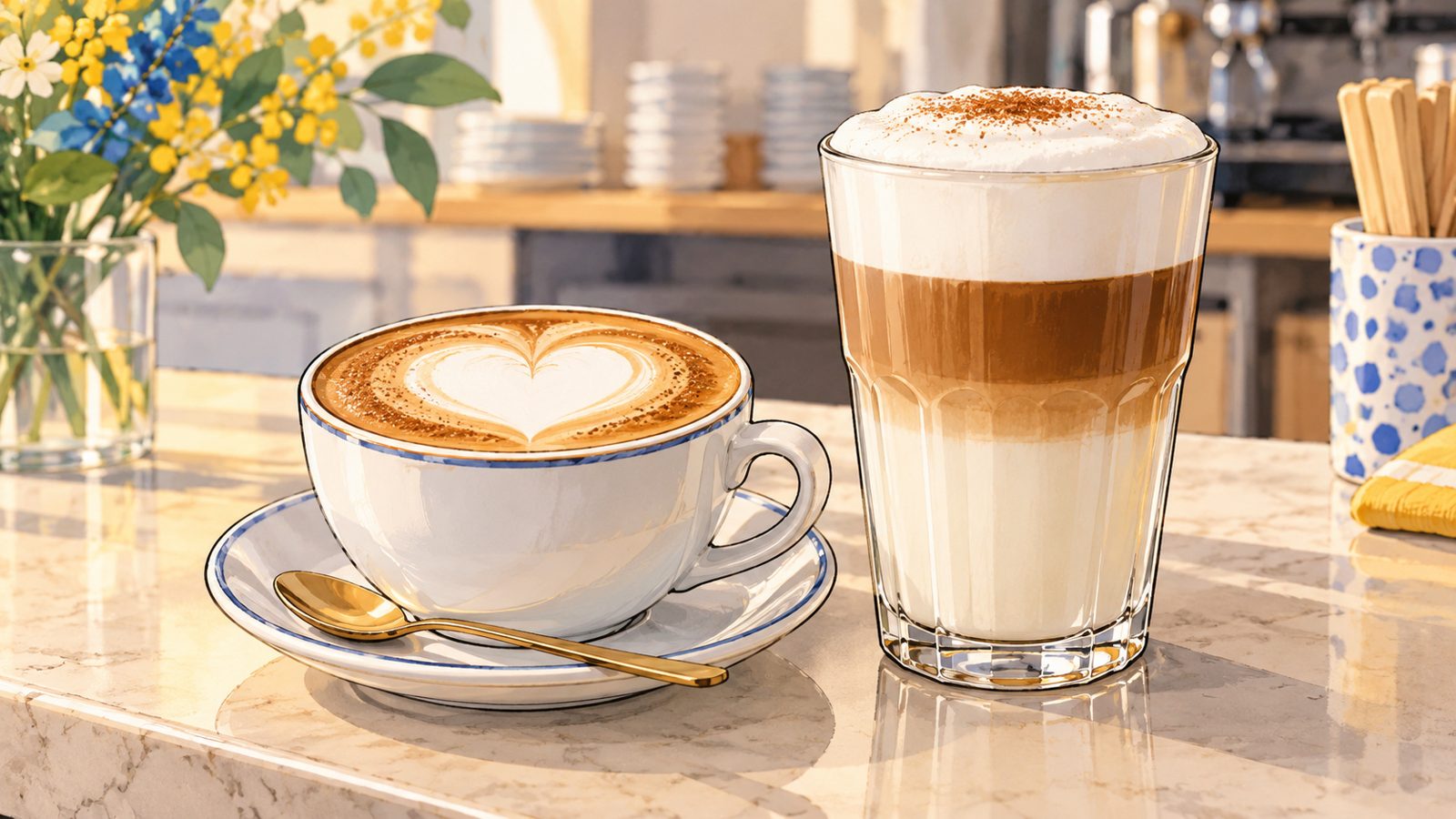 Tasse de cappuccino avec un cœur dessiné dans la mousse à côté d'un grand verre de latte macchiato aux trois couches visibles, sur un comptoir de café