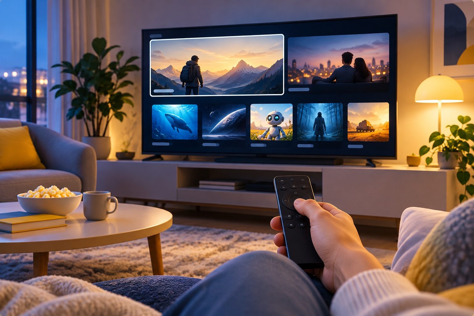 Main qui tient une télécommande devant un téléviseur affichant des vignettes de films, dans un salon cosy le soir