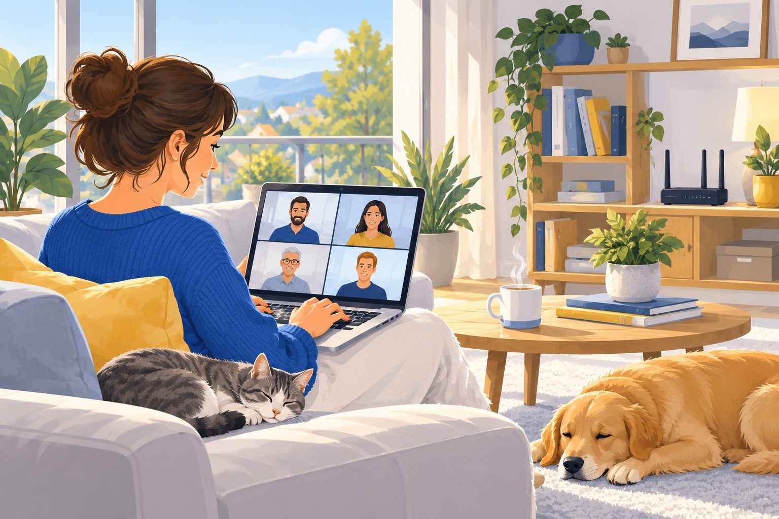 Personne en télétravail en visioconférence à la maison