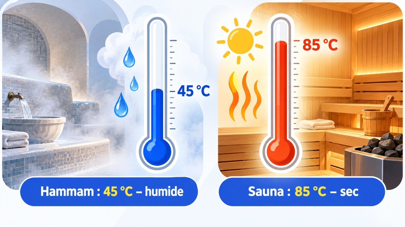 Schéma comparant la température et l'humidité d'un hammam et d'un sauna avec deux thermomètres