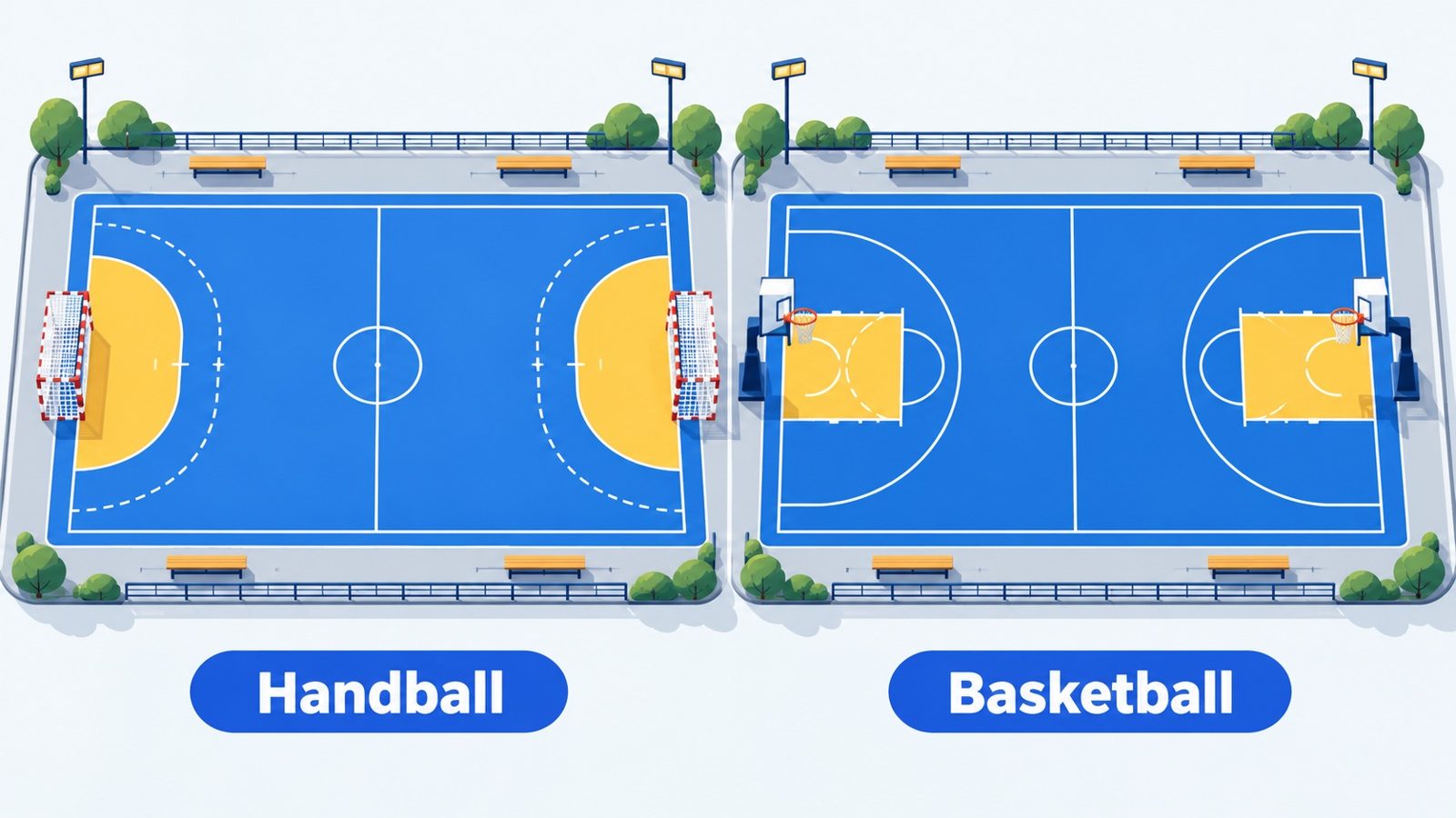 Schéma comparant un terrain de handball avec ses buts au sol et sa zone de 6 mètres et un terrain de basket avec ses paniers et sa ligne à 3 points